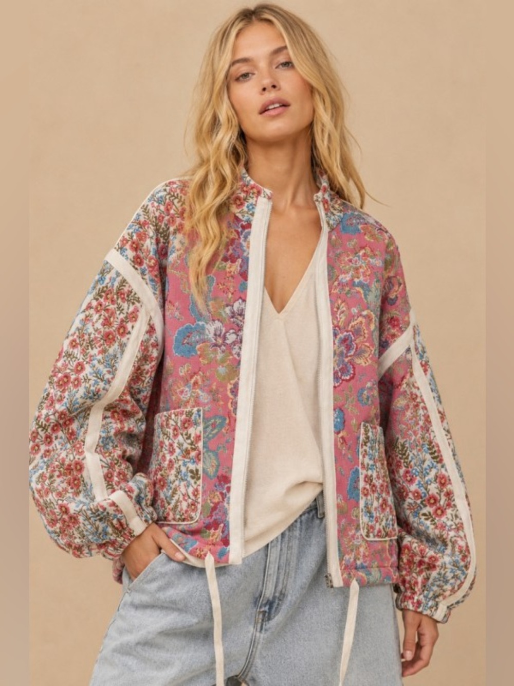 Jacquard tapestry zip quilted puffer boho western patchwork floral jacket coat